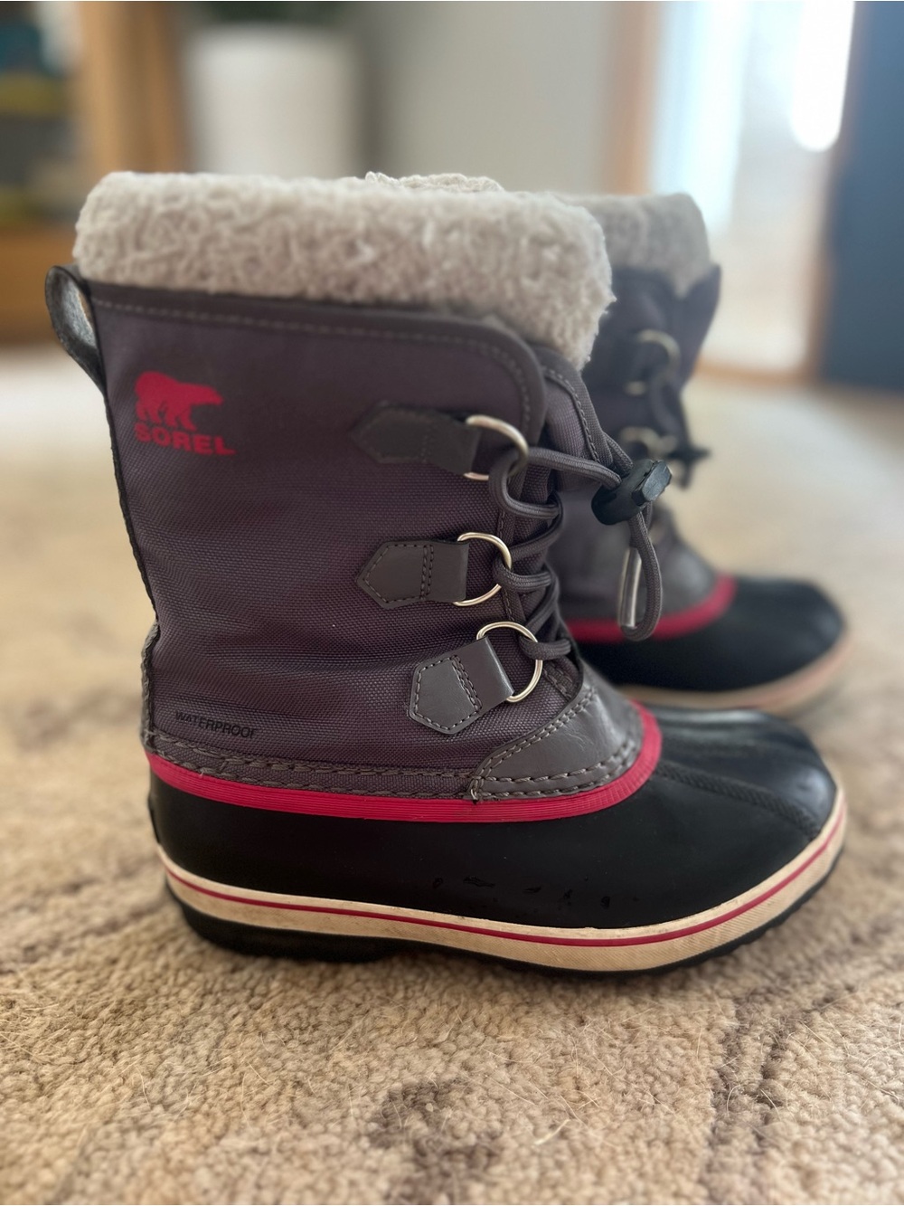 Sorel Kids Gray and Pink Waterproof Winter Boots with Fleece Cuff